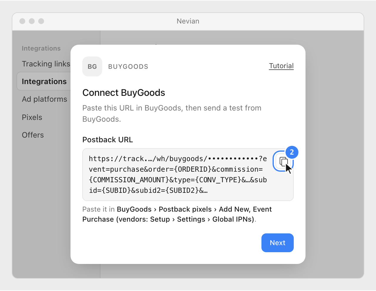 The Postback URL with BuyGoods macros in the Connect BuyGoods window, with its copy button highlighted.