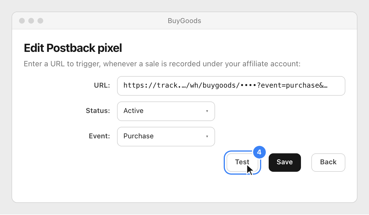 BuyGoods's Edit Postback pixel form with the Nevian URL, Status Active and Event Purchase, and the Test button highlighted.
