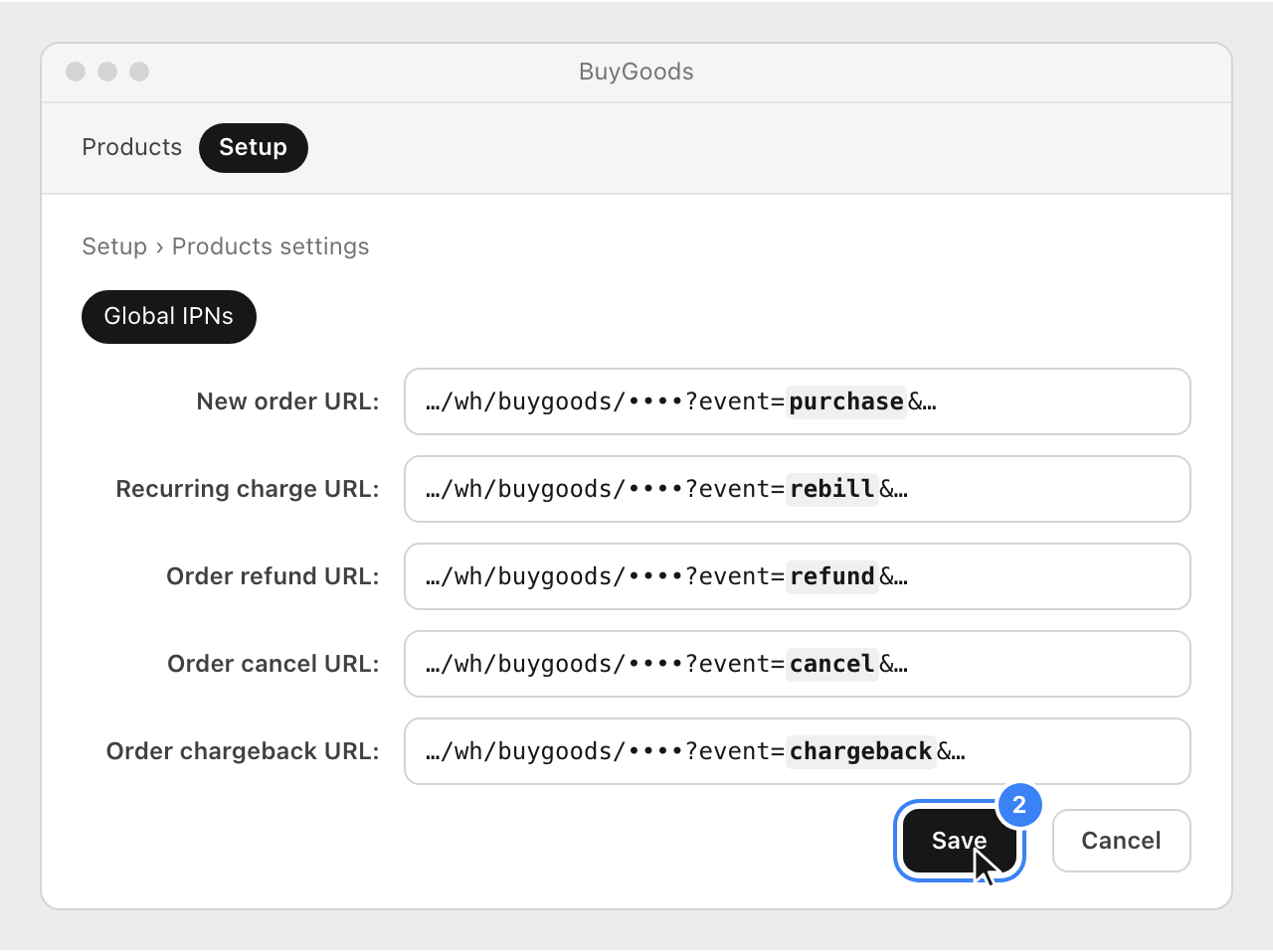 BuyGoods's Global IPNs tab with the Nevian URL in the five fields, each with its own event, and the Save button highlighted.