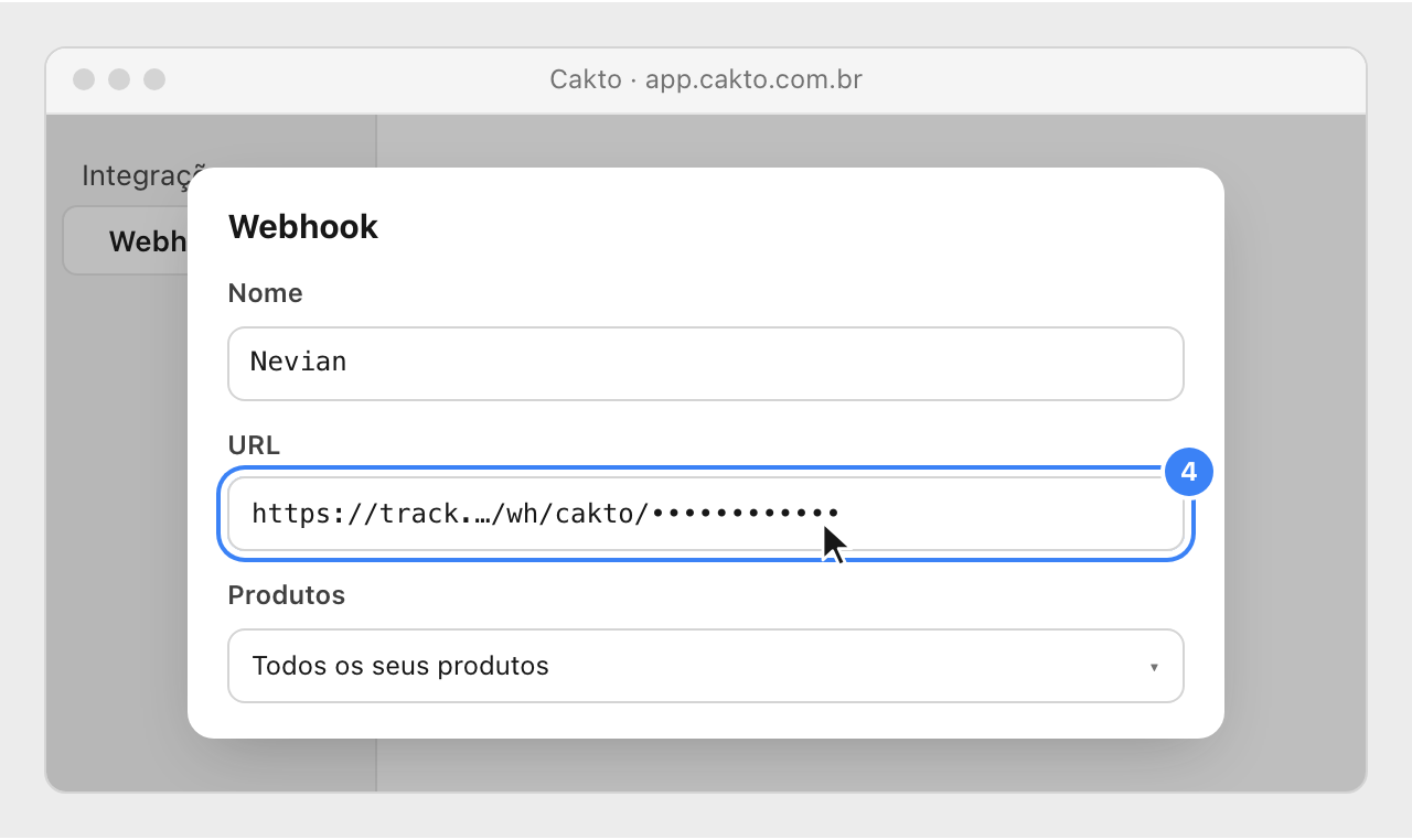Cakto's new webhook with the name Nevian, the pasted Nevian URL highlighted and all products.