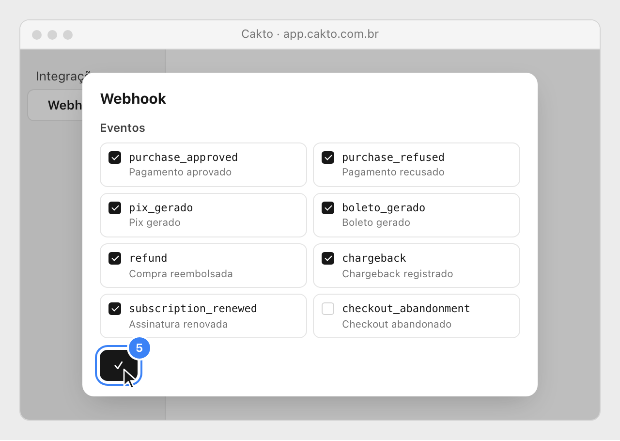 The seven Cakto events ticked, the abandoned checkout left blank, and the save button highlighted.