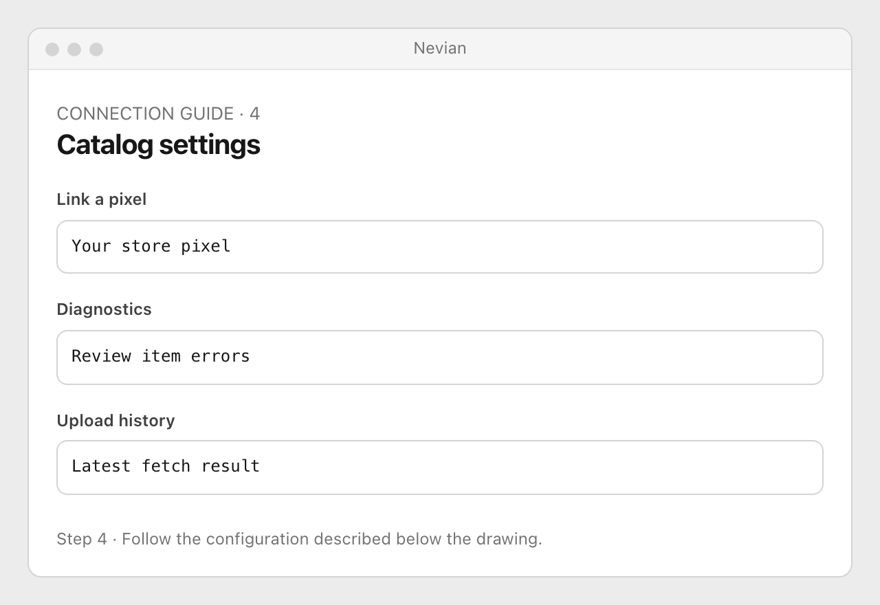 Drawing: Catalog settings. Link a pixel: Your store pixel; Diagnostics: Review item errors; Upload history: Latest fetch result