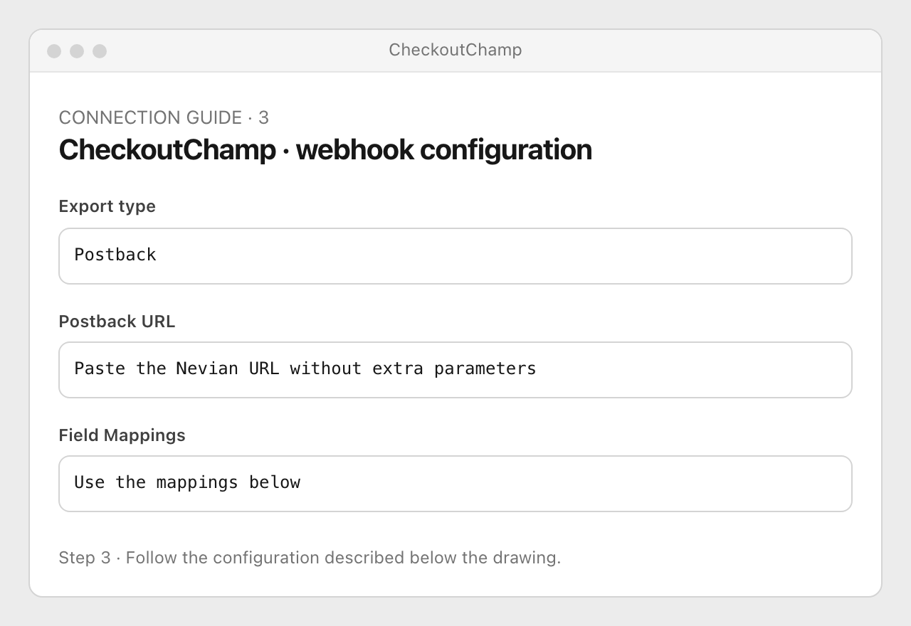 Drawing: CheckoutChamp · webhook configuration. Export type: Postback; Postback URL: Paste the Nevian URL without extra parameters; Field Mappings: Use the mappings below