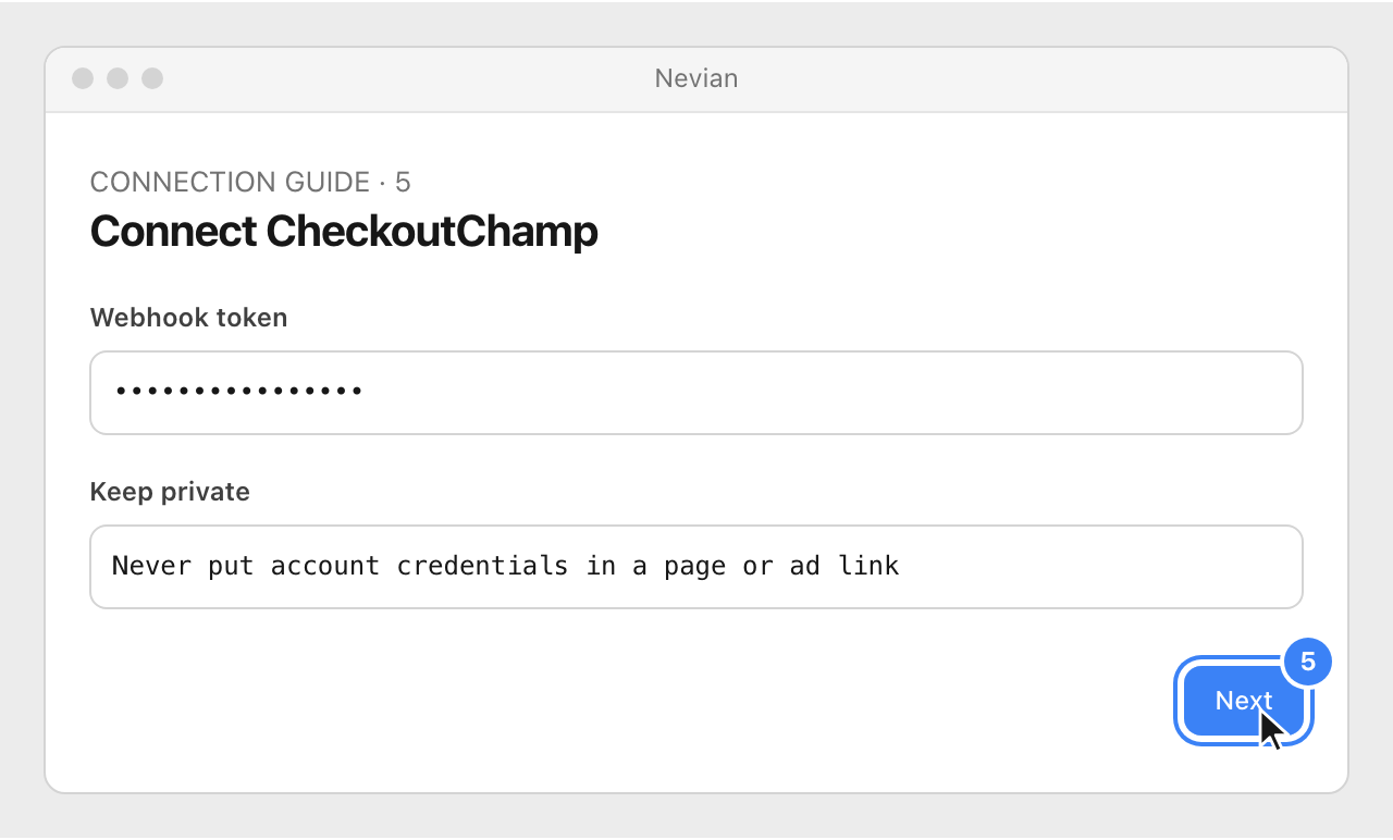 Drawing: Connect CheckoutChamp. Webhook token: ••••••••••••••••; Keep private: Never put account credentials in a page or ad link