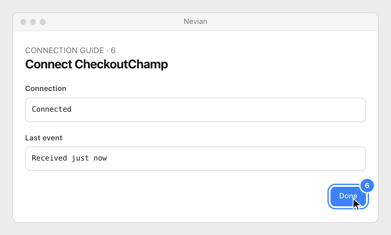 Drawing: Connect CheckoutChamp. Connection: Connected; Last event: Received just now