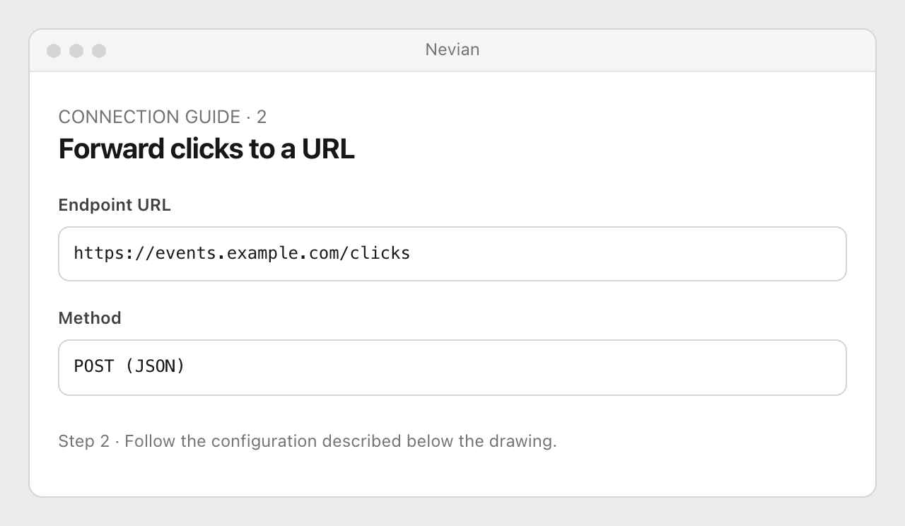 Drawing: Forward clicks to a URL. Endpoint URL: https://events.example.com/clicks; Method: POST (JSON)