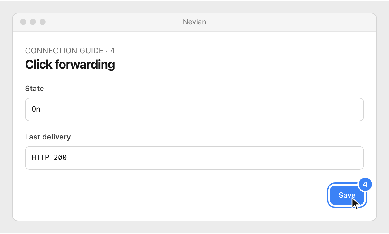 Drawing: Click forwarding. State: On; Last delivery: HTTP 200