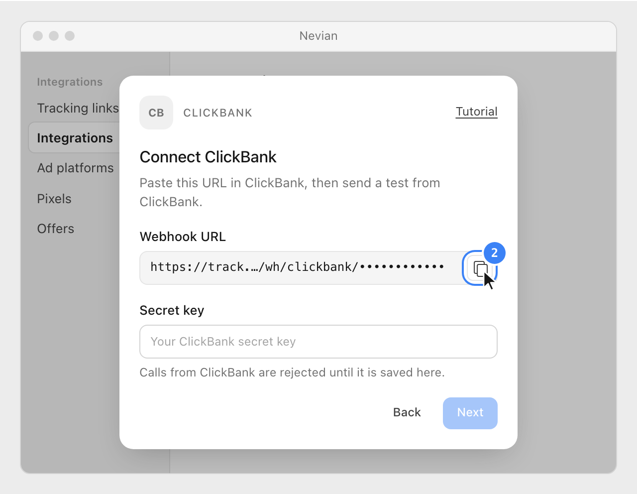 The Webhook URL in the Connect ClickBank window, with its copy button highlighted, the line Waiting for the first event and an empty Secret key field.
