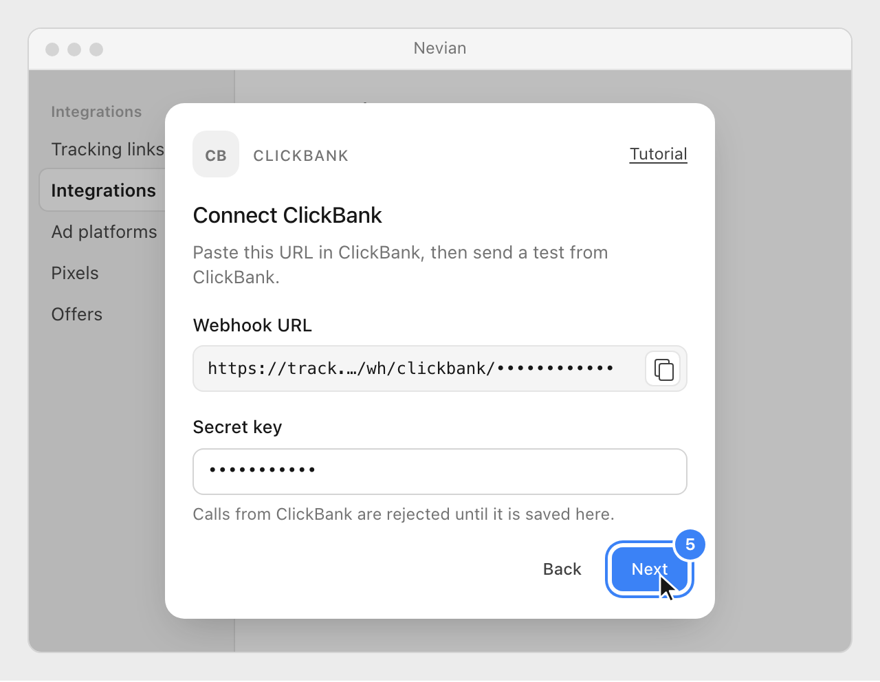 The Connect ClickBank window with the secret key pasted in the Secret key field and the Next button highlighted.