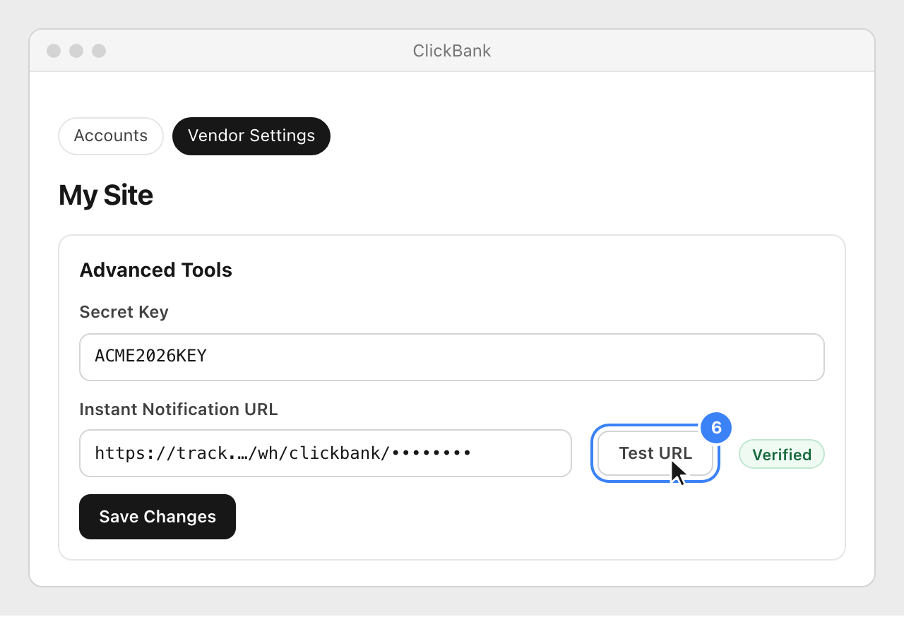 The Nevian URL in ClickBank's Instant Notification URL field, with the Test URL button highlighted and the URL marked Verified.