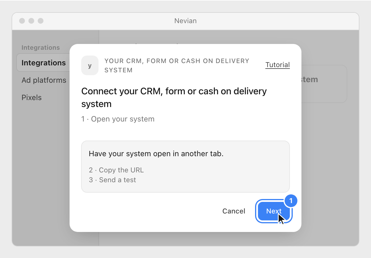The Connect Custom / CRM / COD window in Nevian, with the Next button highlighted.