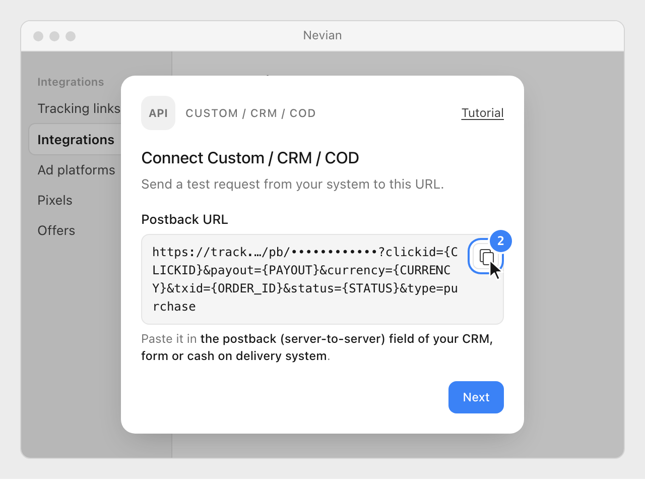The Postback URL with its placeholders in the Connect Custom / CRM / COD window, with its copy button highlighted.