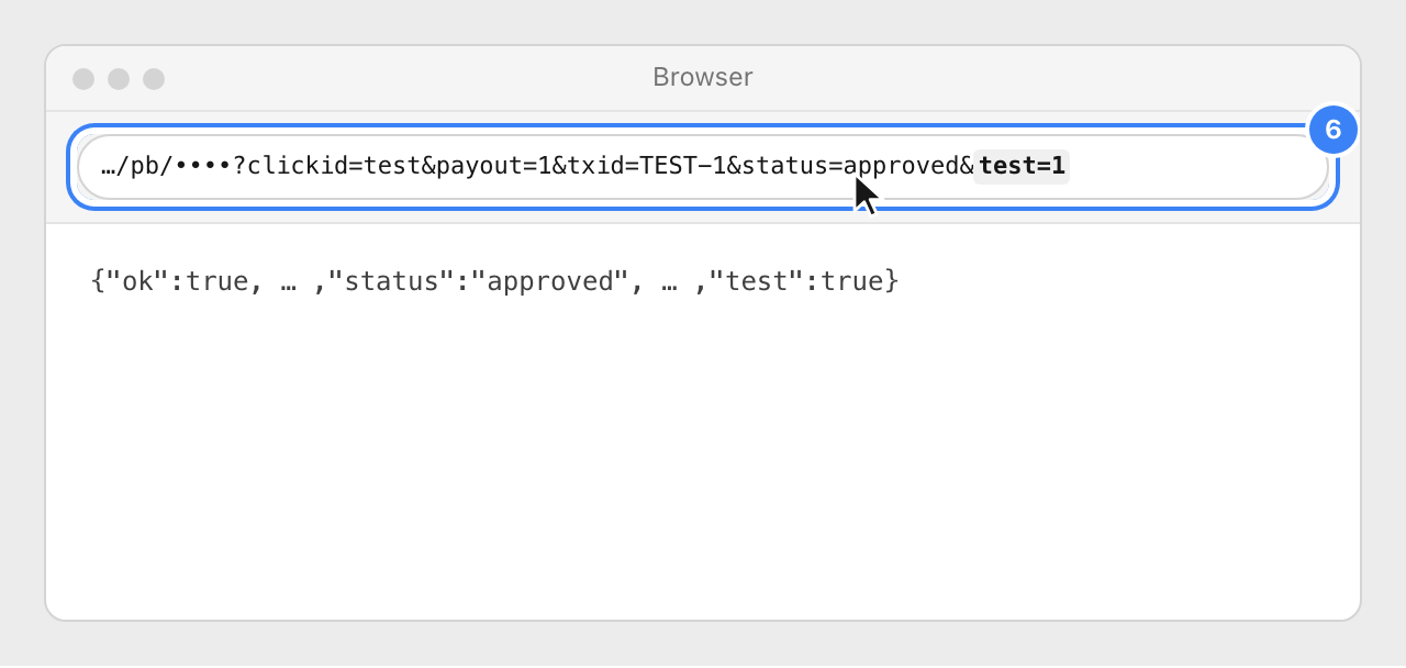 A browser opening the postback URL with test values and test=1, and Nevian's answer ok true.