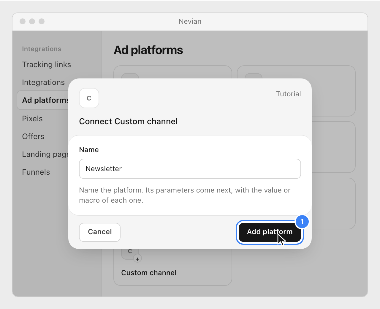 The Connect Custom channel window in Nevian with the name Newsletter, and the Add platform button highlighted.