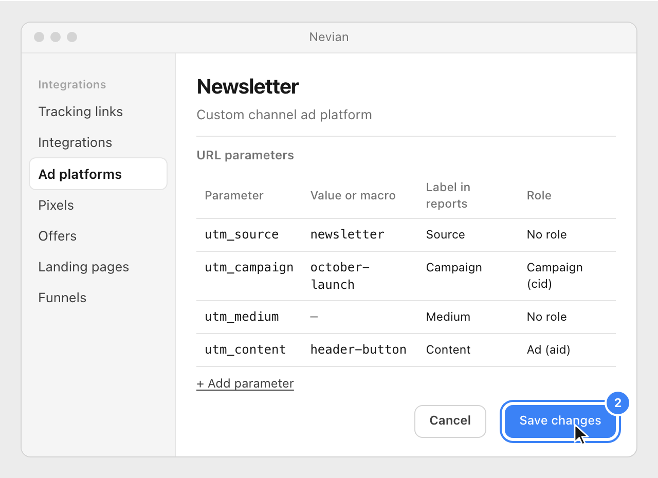 The URL parameters of the new platform, with values for utm_source, utm_campaign and utm_content, and the Save changes button highlighted.