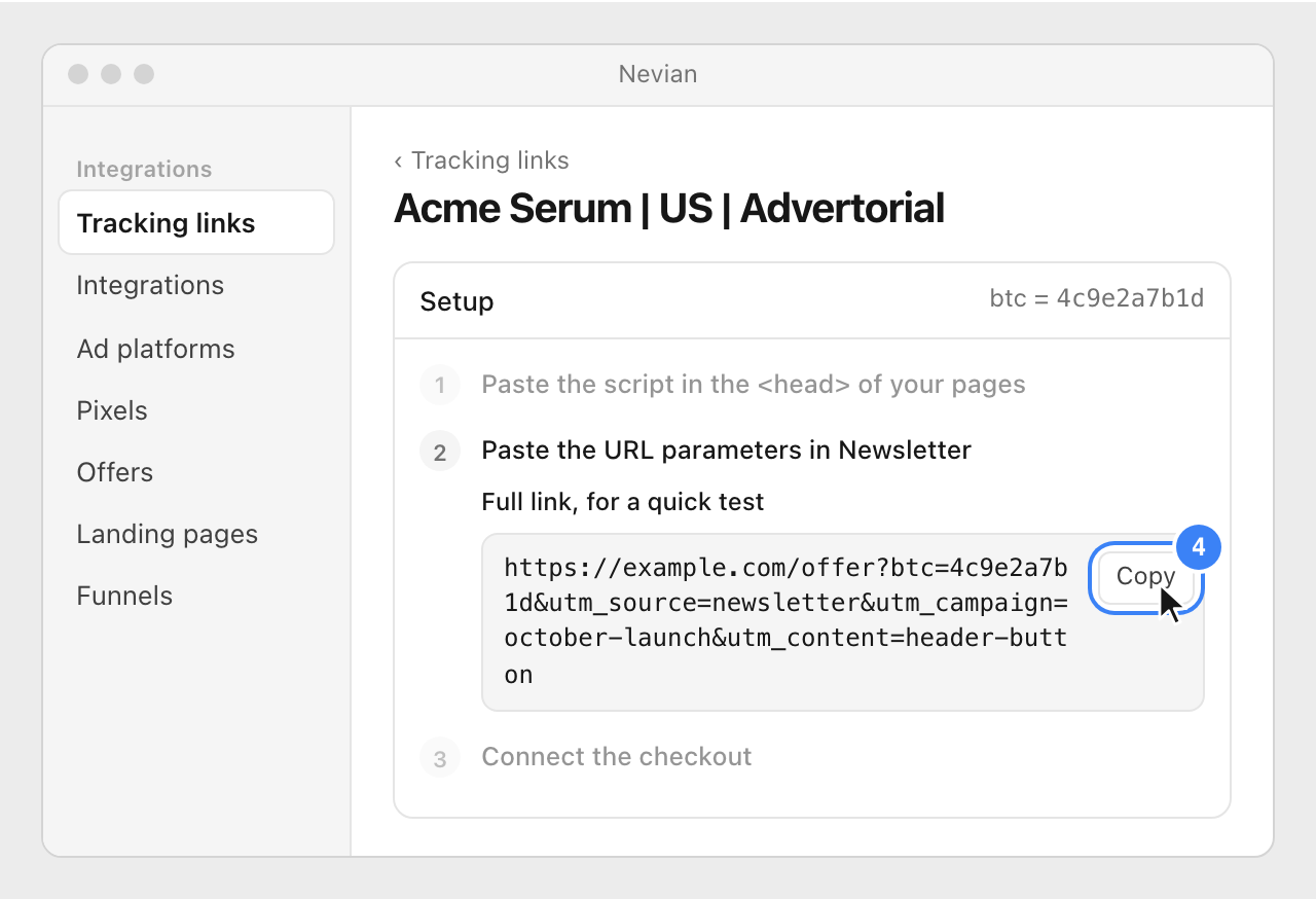 The Setup of the tracking link, with the full link (page address, btc= and the channel's parameters) and its Copy button highlighted.