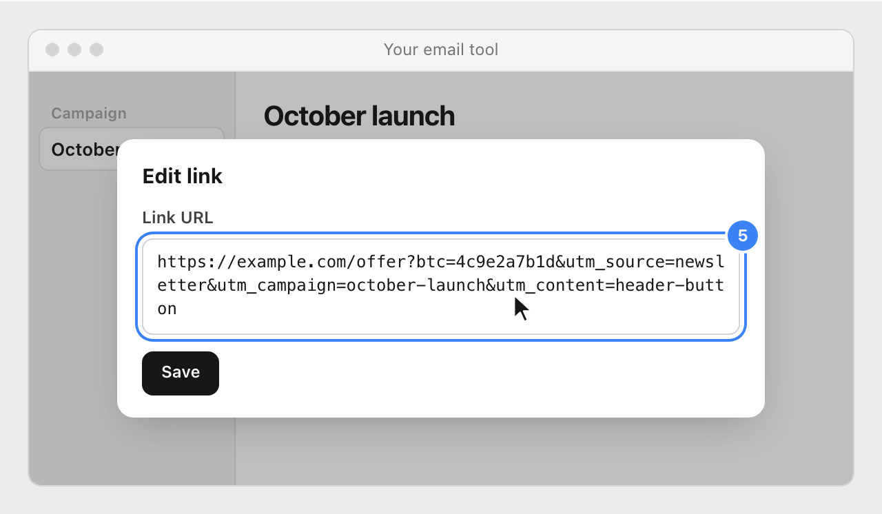 A generic email tool with the full Nevian link pasted as the button's link.