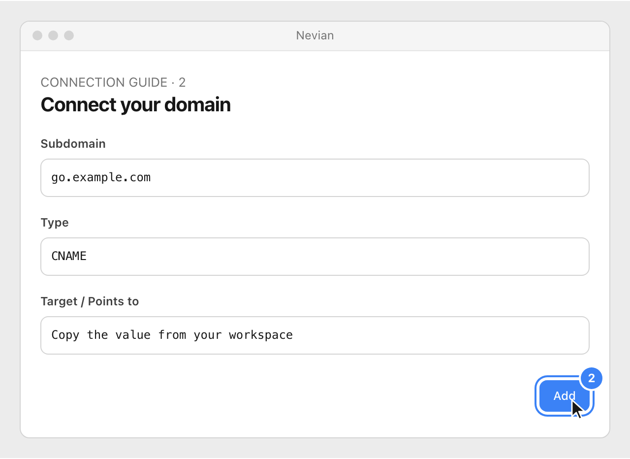 Drawing: Connect your domain. Subdomain: go.example.com; Type: CNAME; Target / Points to: Copy the value from your workspace