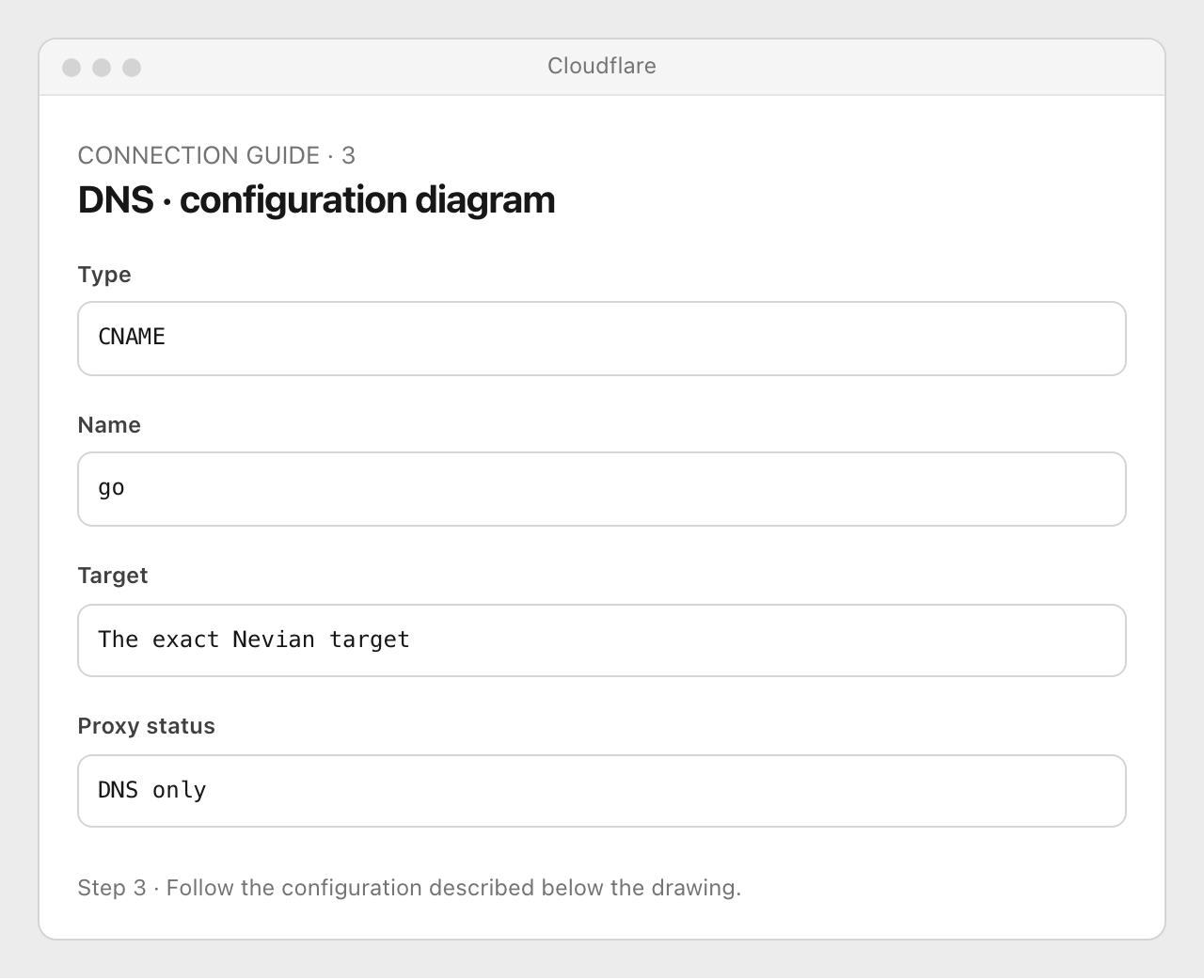 Drawing: DNS · configuration diagram. Type: CNAME; Name: go; Target: The exact Nevian target; Proxy status: DNS only