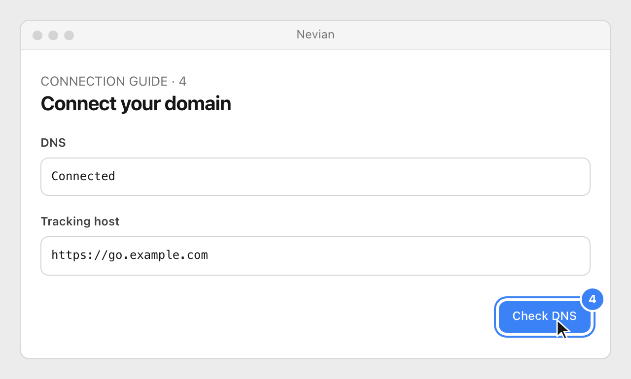 Drawing: Connect your domain. DNS: Connected; Tracking host: https://go.example.com
