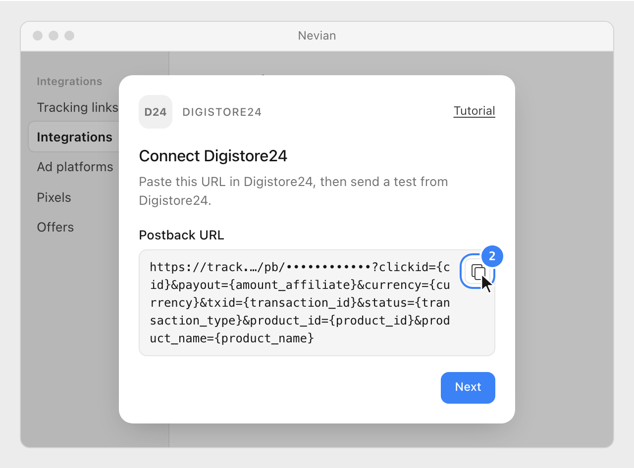 The Postback URL with Digistore24 placeholders in the Connect Digistore24 window, with its copy button highlighted.