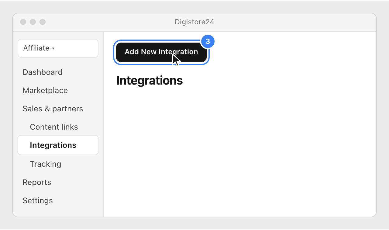 Digistore24's Integrations page in the Affiliate view, with the Add New Integration button highlighted.