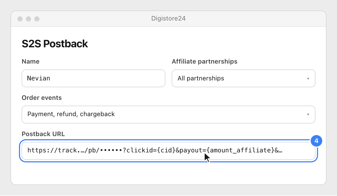 The S2S postback form in Digistore24 with the name Nevian, the partnerships and order events chosen, and the Nevian URL pasted as the Postback URL.