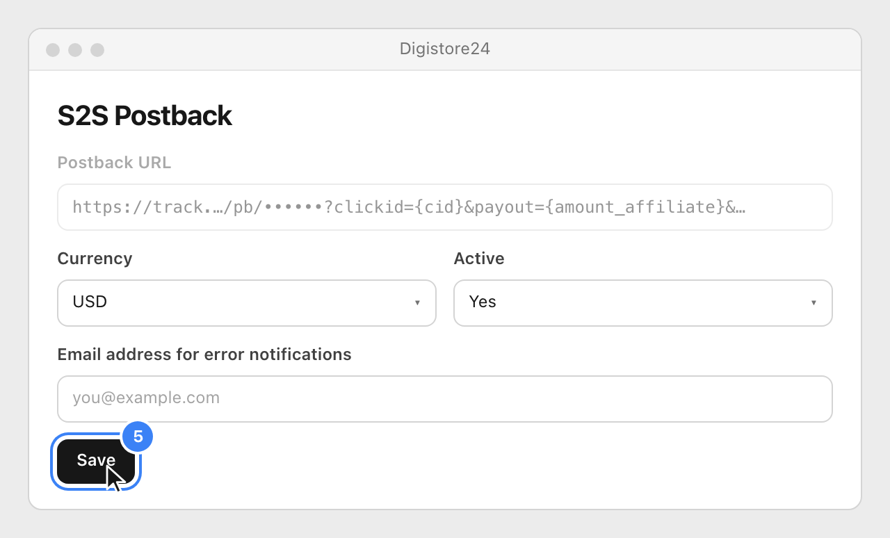 The lower part of the form with the currency chosen, the integration active and the Save button highlighted.