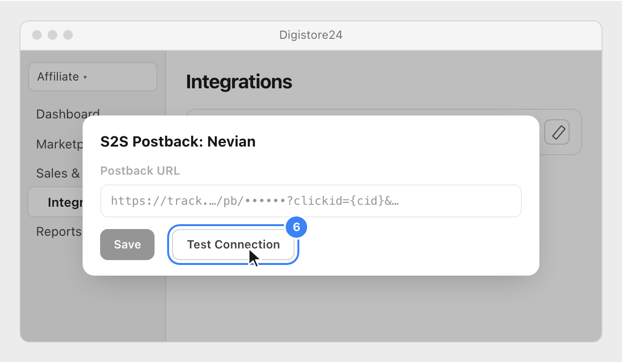 The saved Nevian integration open for editing in Digistore24, with the Test Connection button highlighted.