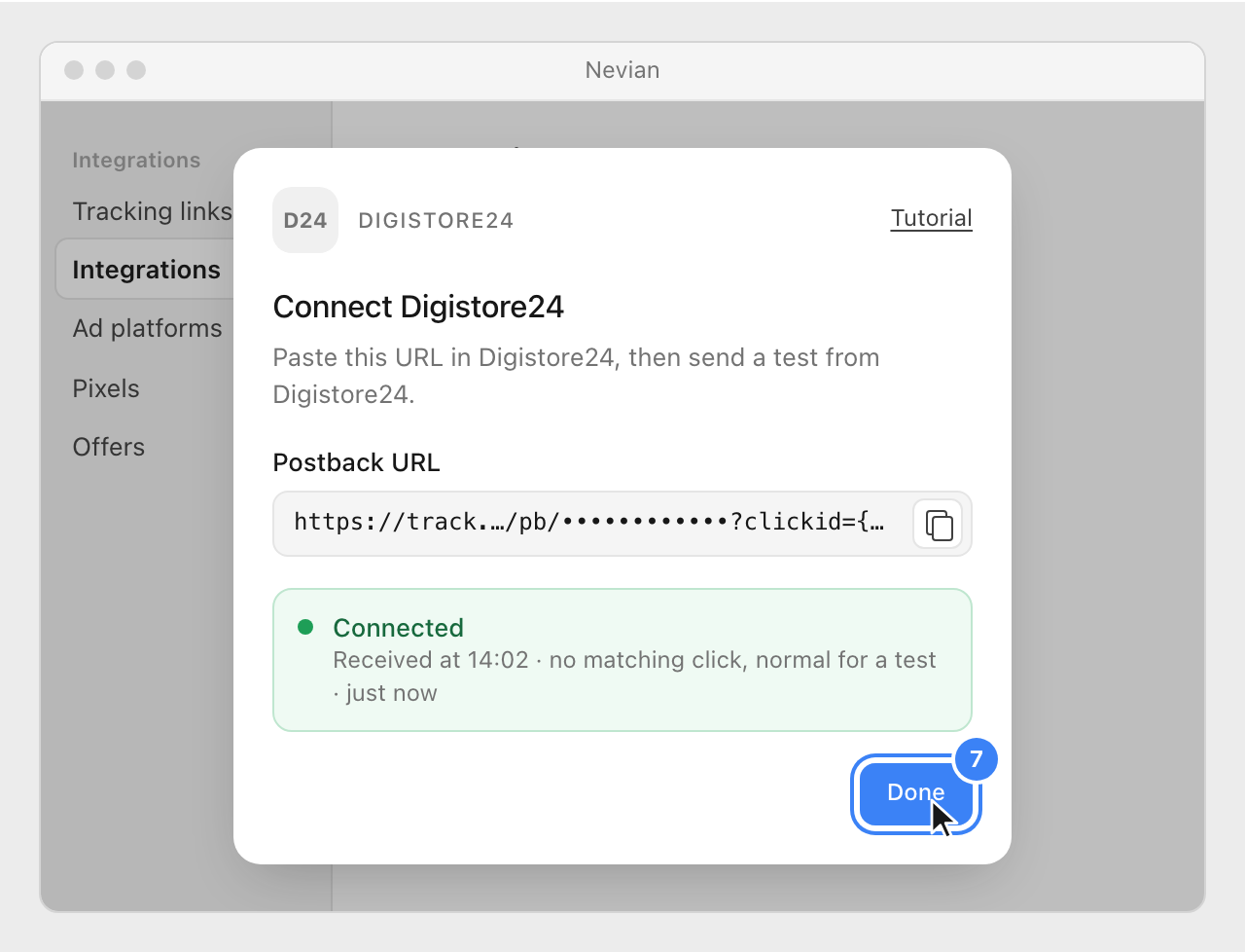 The Connect Digistore24 window in Nevian showing Connected after the test, with the Done button highlighted.