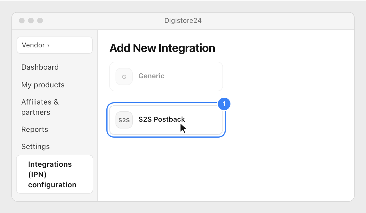 Digistore24's list of integrations in the Vendor view, with the S2S Postback icon highlighted.