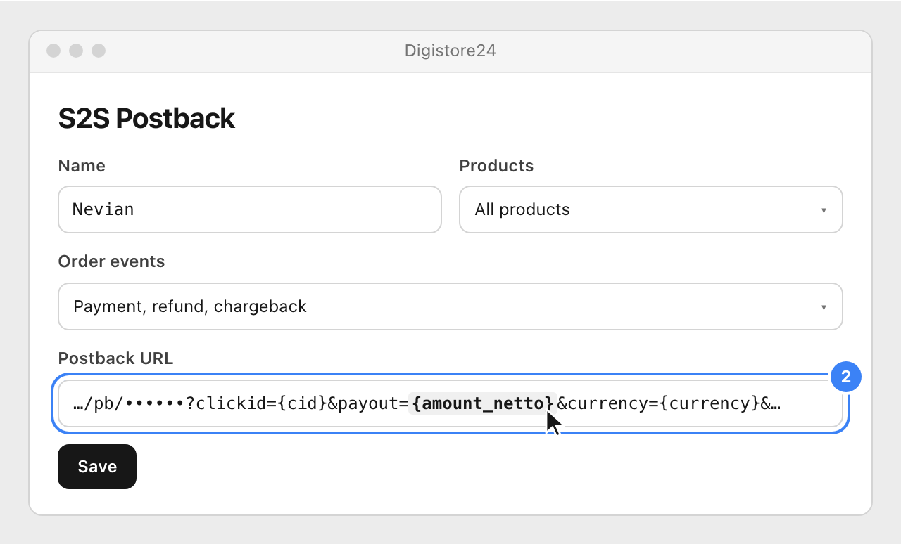 The vendor's S2S postback form with all products chosen and the amount_netto placeholder in the Postback URL highlighted.
