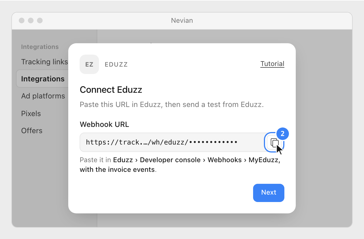 The Webhook URL in the Connect Eduzz window, with its copy button highlighted.
