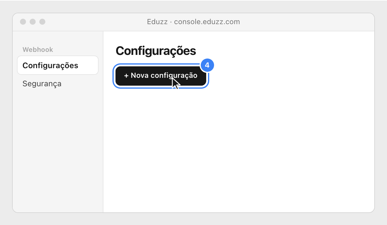 The Configurações screen of the Eduzz console, with the + Nova configuração button highlighted.