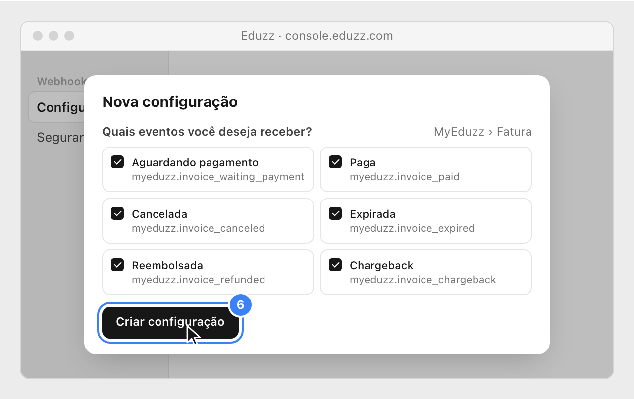 The six MyEduzz invoice events ticked and the Criar configuração button highlighted.