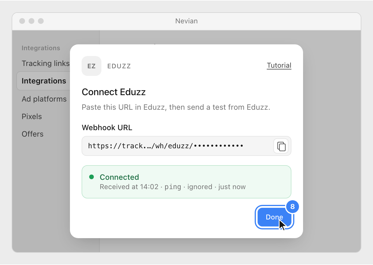 The Connect Eduzz window in Nevian showing Connected, with the Done button highlighted.