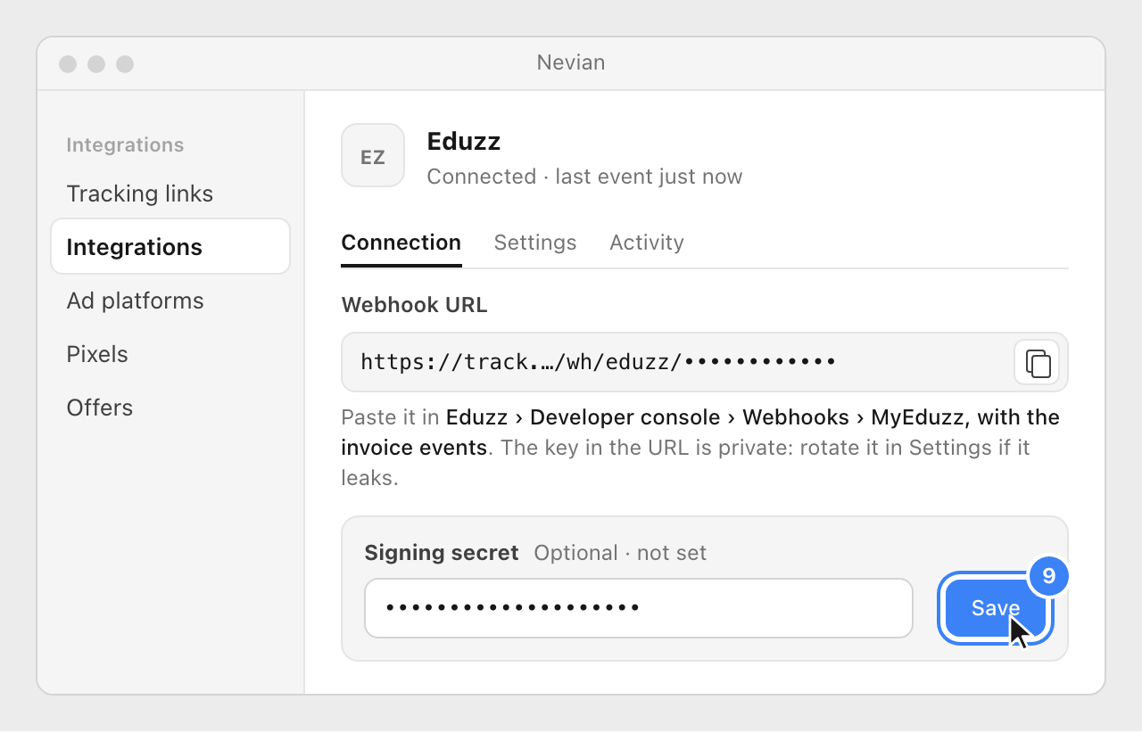The Connection tab of the Eduzz integration in Nevian, with the Signing secret pasted and the Save button highlighted.