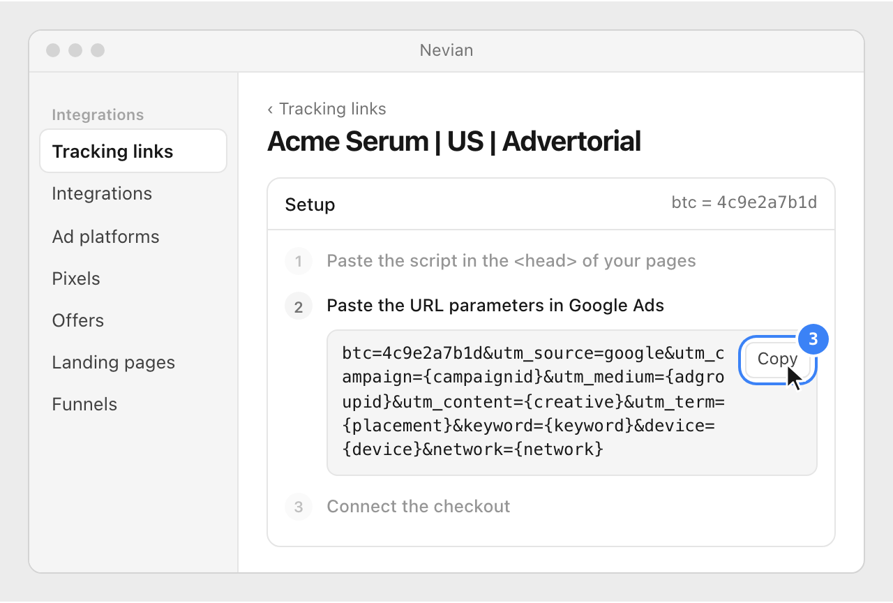 The Setup of the tracking link, with the URL parameters string starting with btc= and its Copy button highlighted.