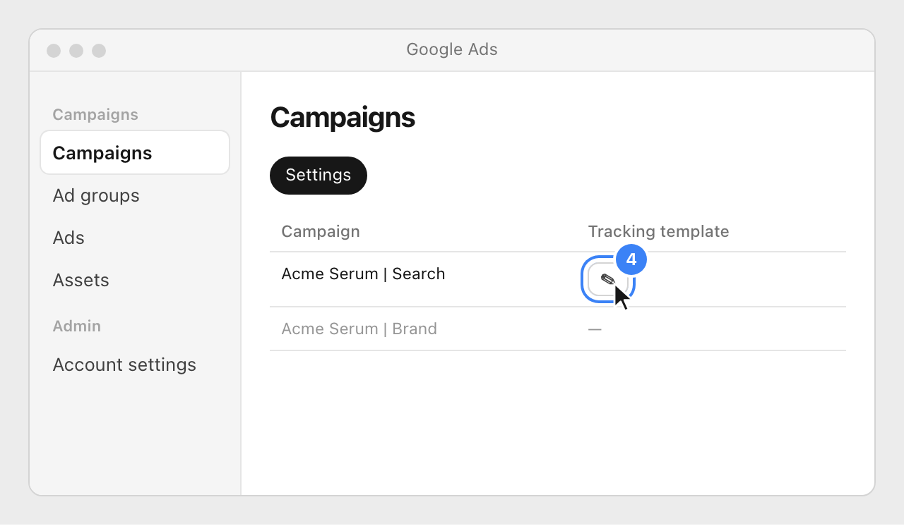 The Settings tab of Campaigns in Google Ads, with the pencil icon of the Tracking template column highlighted.