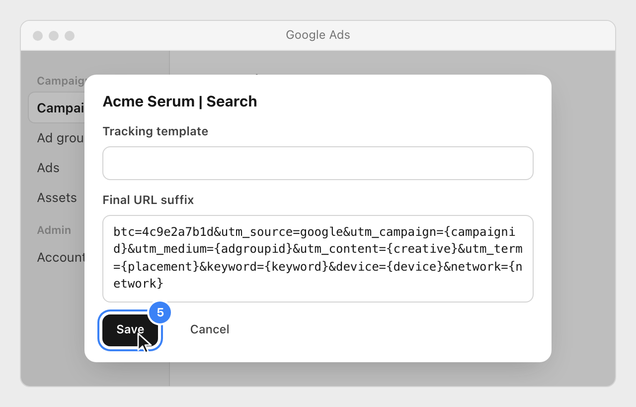 The campaign's tracking settings in Google Ads, with the Nevian string in the Final URL suffix field and the Save button highlighted.