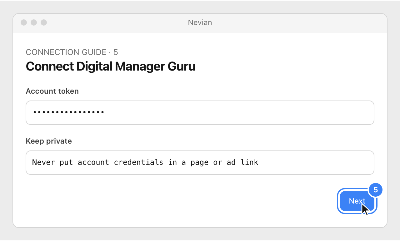 Drawing: Connect Digital Manager Guru. Account token: ••••••••••••••••; Keep private: Never put account credentials in a page or ad link
