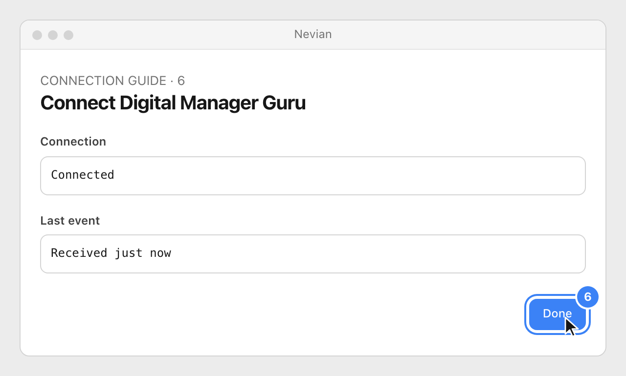 Drawing: Connect Digital Manager Guru. Connection: Connected; Last event: Received just now