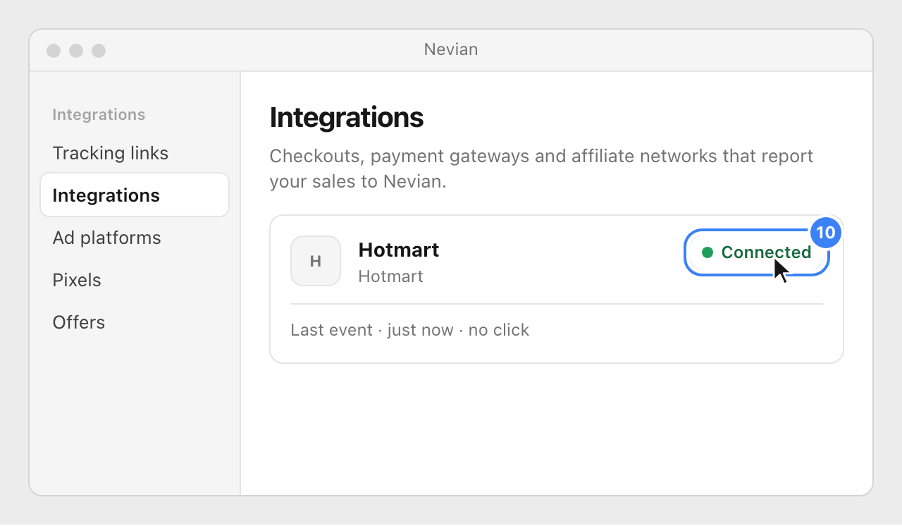 The Hotmart card in Nevian's Integrations list showing Connected.