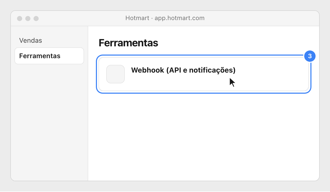 Hotmart's Ferramentas page, with the Webhook (API e notificações) tool highlighted.