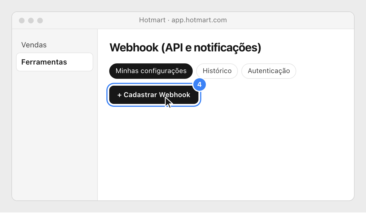 The Webhook page in Hotmart on the Minhas configurações tab, with the + Cadastrar Webhook button highlighted.