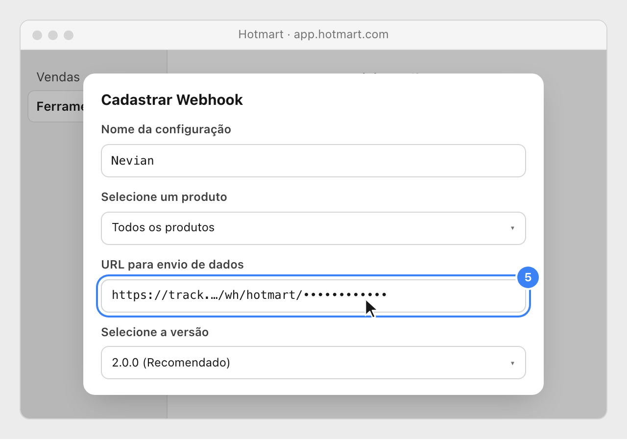 Hotmart's new webhook form with the name Nevian, all products, the pasted Nevian URL highlighted and version 2.0.0.