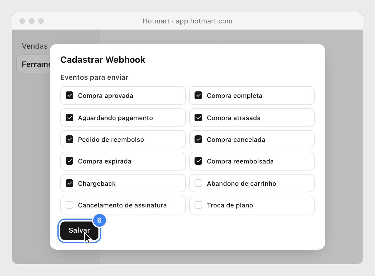 The nine purchase events ticked, the cart and subscription events left blank, and the Salvar button highlighted.