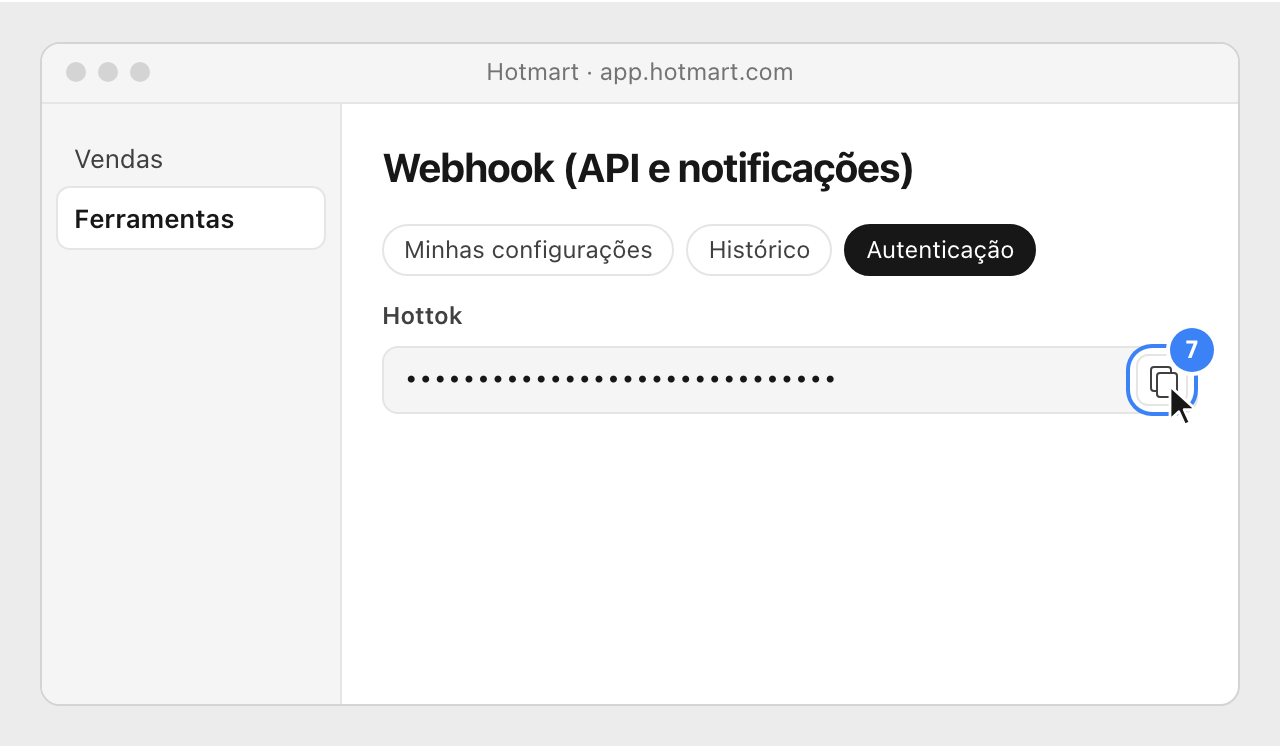 The Autenticação tab of Hotmart's Webhook page, with the copy button of the Hottok highlighted.