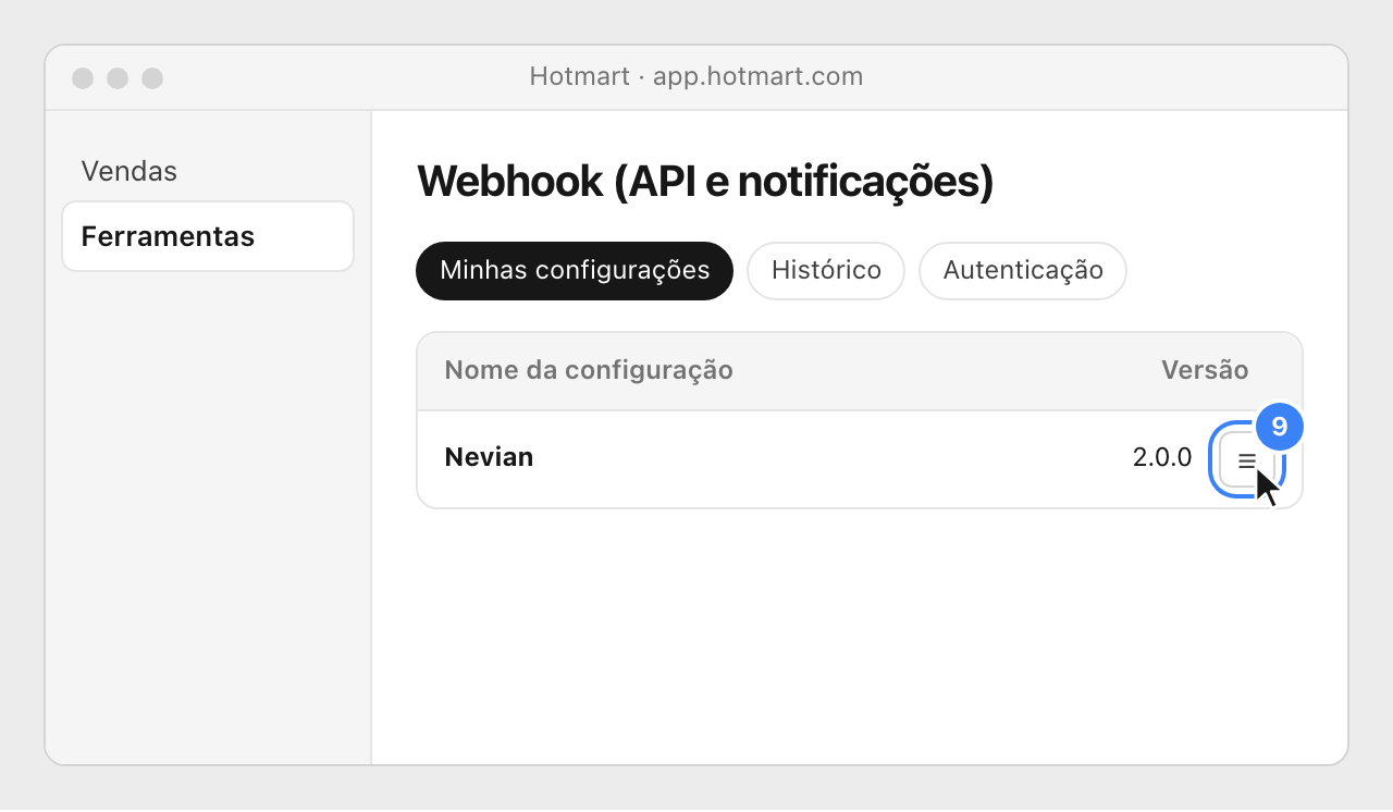 The Nevian configuration in Hotmart's list, with the list icon at the right highlighted.