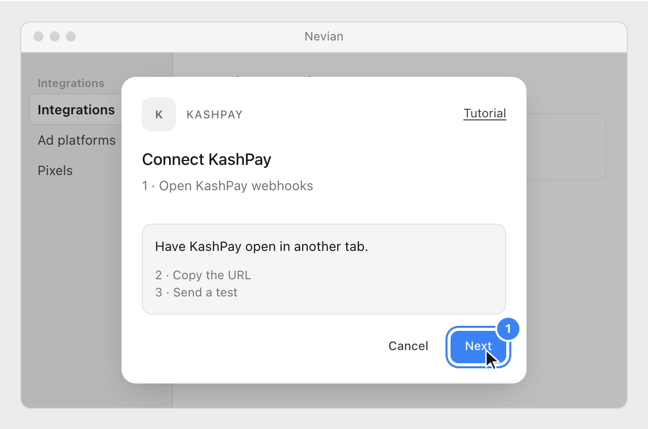 The Connect KashPay window in Nevian, with the Next button highlighted.